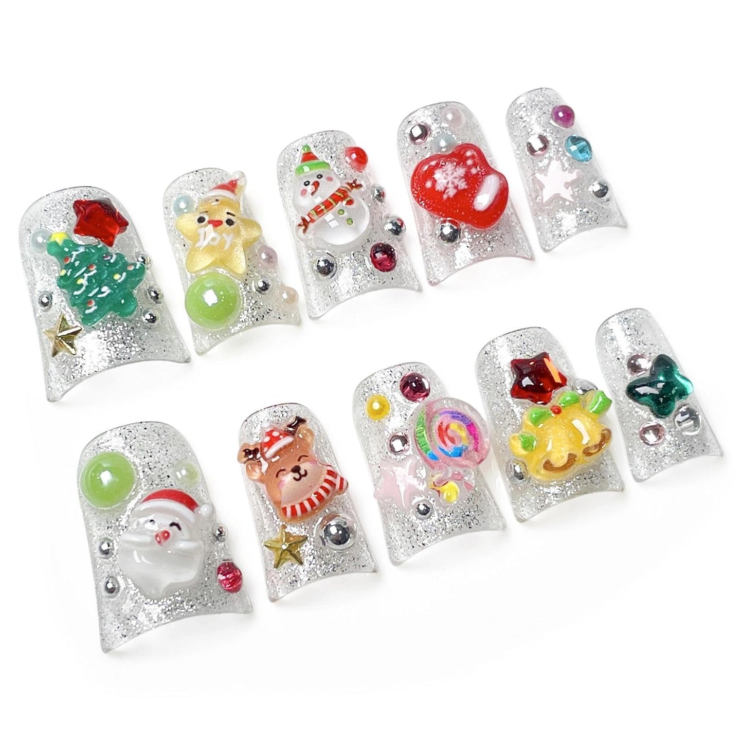 Handmade 3D Sweet Christmas Element Square Press On Nails, Glitter Rhinestone Festive Artisan Nails Set, Reusable Glossy Press-ons with Tool Kit(S)