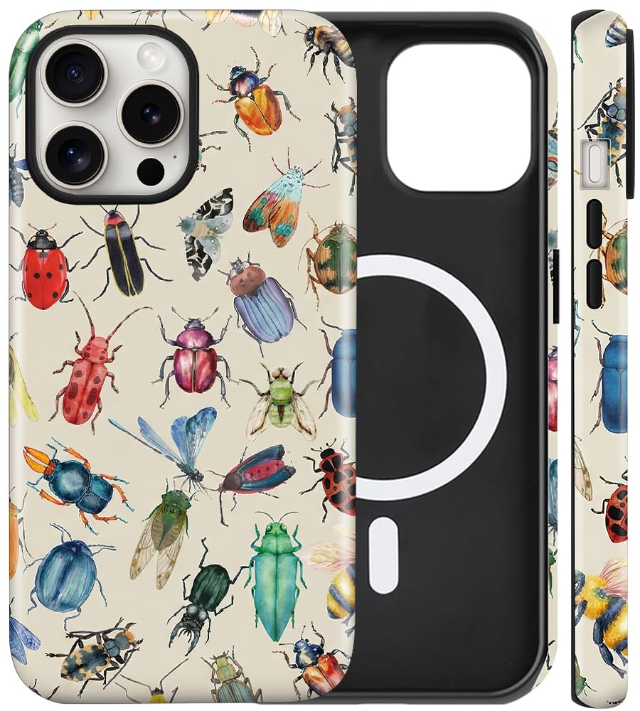 flewfun Magnetic for iPhone 15 Case Cute Beetle Phone Case, Entomology Insect Art Shockproof Slim TPU and Hard PC Protective Phone Cover Compatible with MagSafe Gift for Entomology Lover