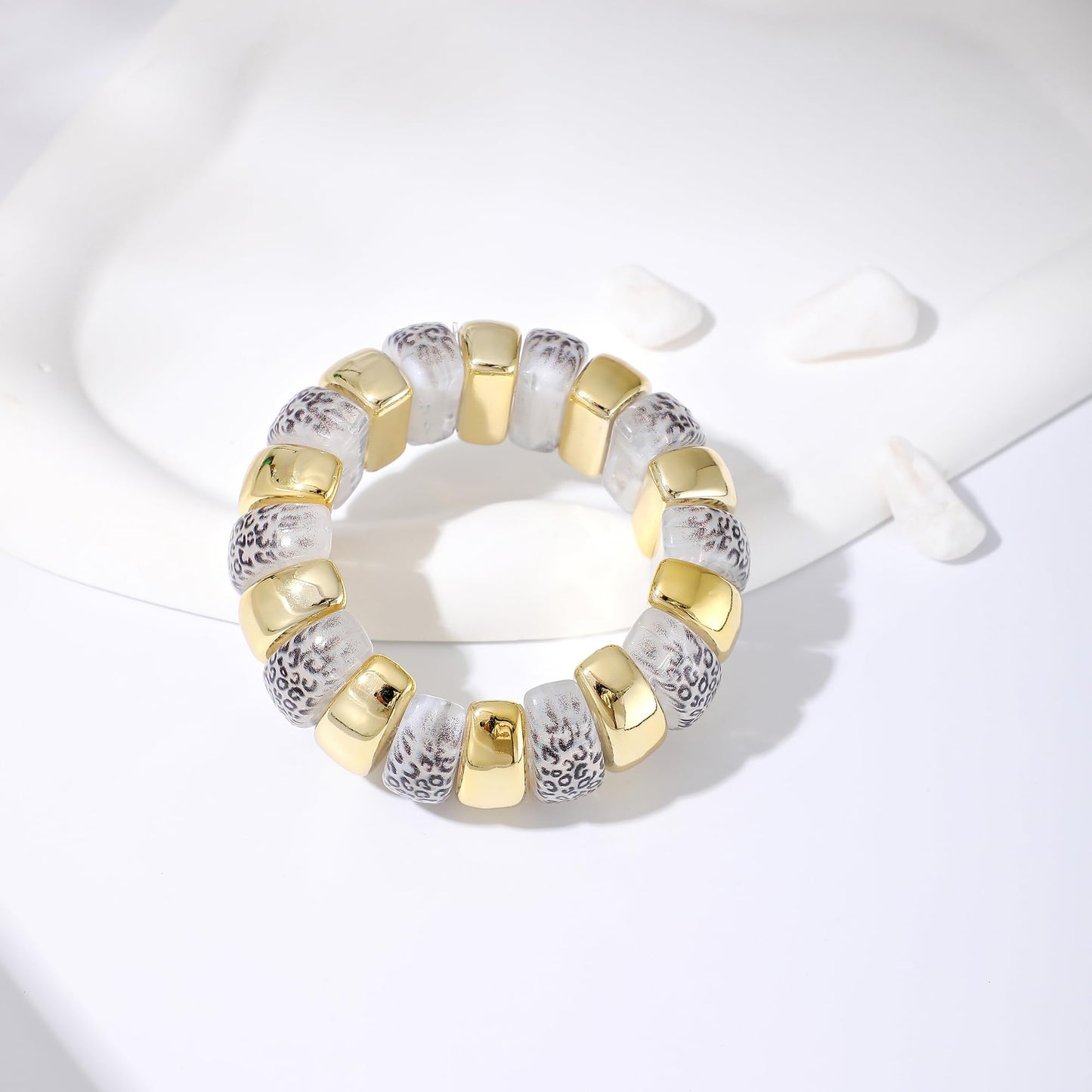 GOOJIDS Leopard Beaded Gold Plated Bangles Bracelet Chunky Bamboo Tube Curved Stacking Clear Acrylic Colorful Beads Stretchable Plated Bracelets Set For Women