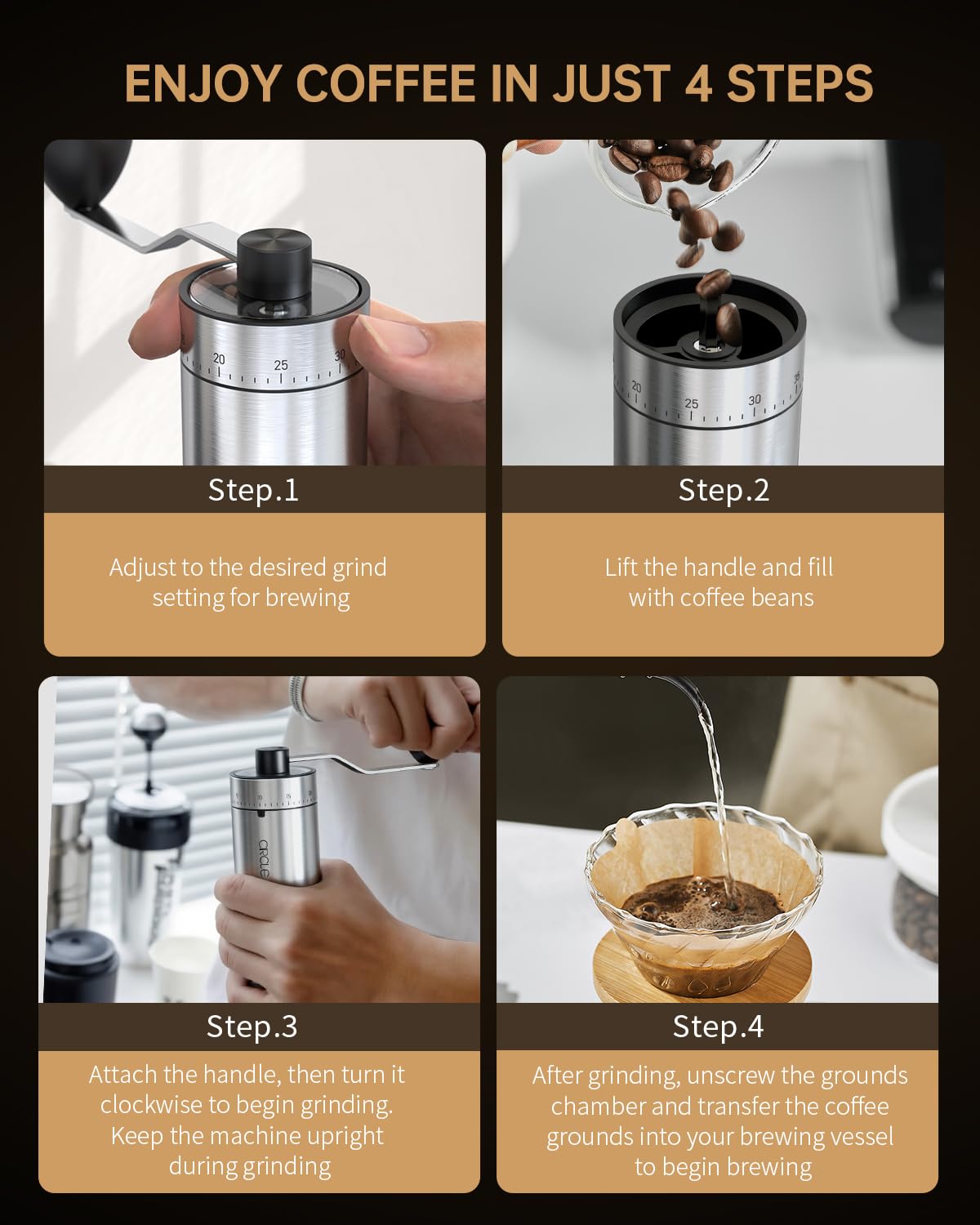 CIRCLE JOY Mini Manual Coffee Grinder with 40 External Adjustable Settings and Ceramic Conical Burr, Portable Stainless Steel Hand Coffee Grinder for Home and Travel