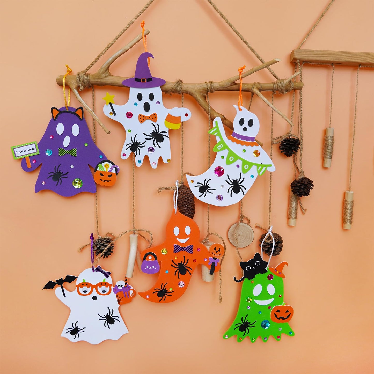 Winlyn 24 Set Fall Crafts DIY Halloween Ghost Tree Ornaments Decorations Kit with Foam Ghost Stickers for Kids Party Favors & Classroom Art Activities
