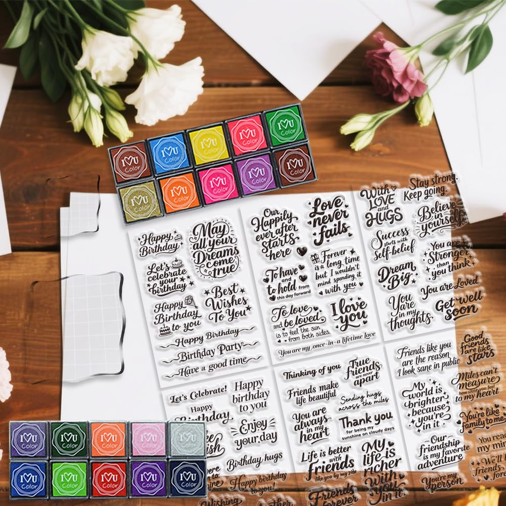 GLASSWINDS 6 Pcs Greeting Words Clear Stamps for Card Making Supplies 20 Ink Pad 3 Acrylic Stamp Block Silicone Stamp with Holiday Bless Happy Birthday Stamps for Crafting DIY Scrapbooking Journal