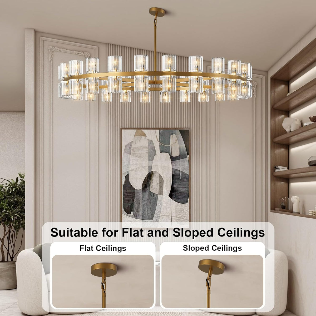 Modern 48 inch Gold Round Chandelier Light Fixture,Crystal Chandeliers for Dining Room,Living Room, Wagon Wheel Chandelier Over Table, Chandeliers for Bedroom,Foyer,G4 Bulbs Included