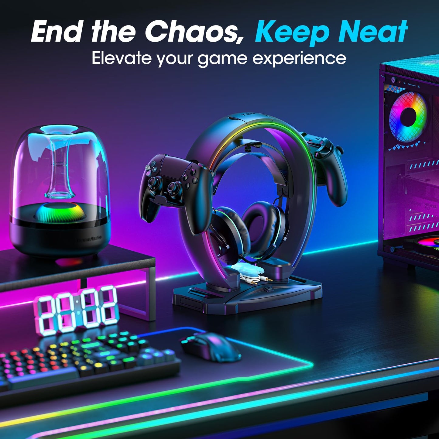 KDD RGB Headphone & Controller Stand with 9 Light Modes - Foldable Controller Hanger for Desk - Earphone Stand with Cable Organizer - for Gamers Desktop Accessories