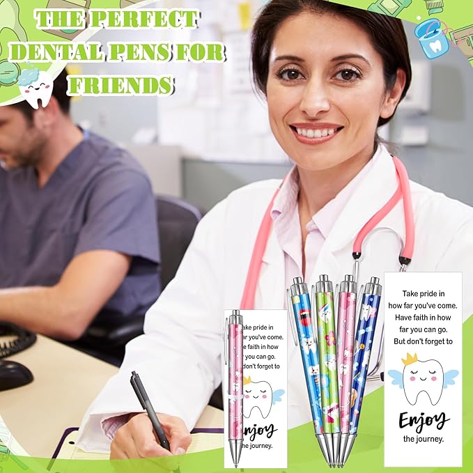 50 Sets Dental Assistant Gifts Dental Hygienist Gifts Teeth Themed Ballpoint Pens with Thanks Cards Bulk for Coworkers Women Doctor Nurse Graduation Accessories Dentist Office Staffs Favors