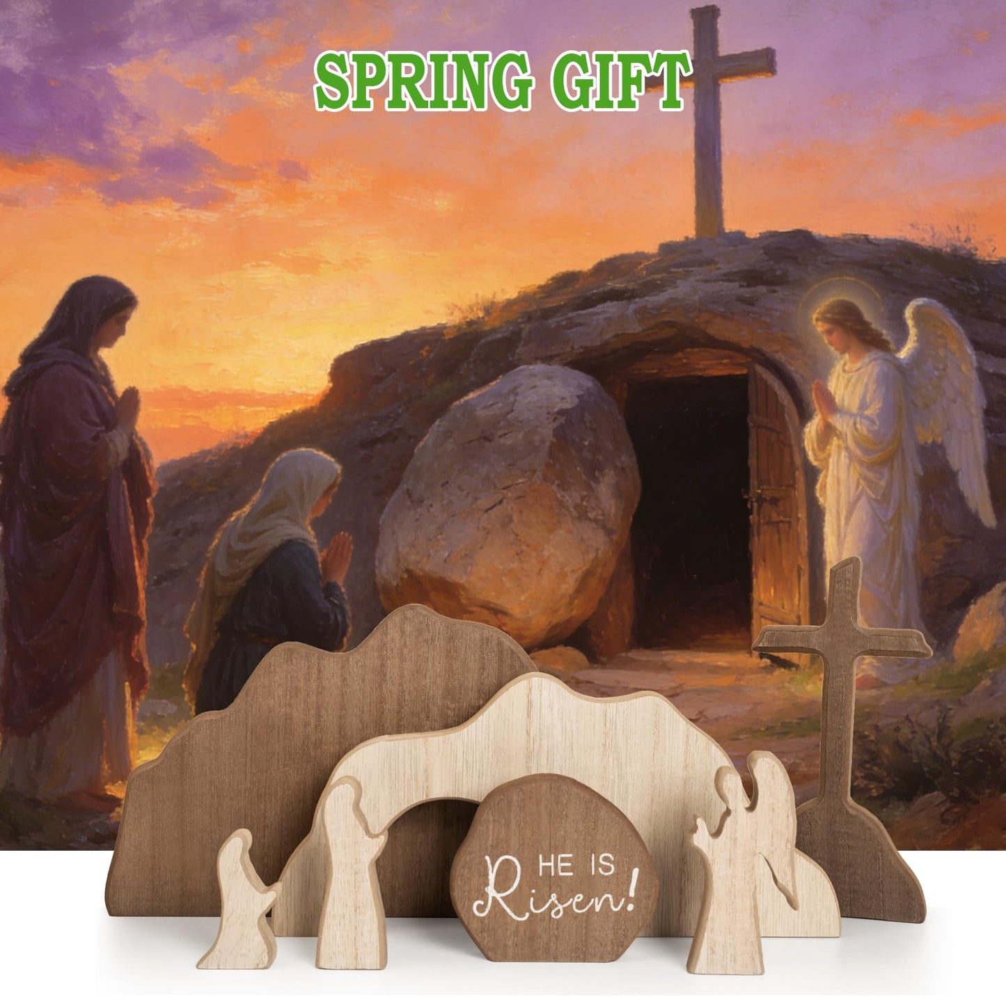 【He is Risen】Empty Tomb Scene Spring Easter Decorations, Jesus Nativity Resurrection Figurines Set With Wooden Cross For Home, Office, Table, Shelf, Mantle Decor – Christian Catholic Religious Gifts