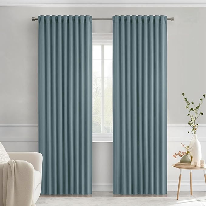 MIULEE Greyish Blue Back Tab Blackout Curtains 90 Inches Long 2 Panels Set for Living Room Bedroom Privacy, Rod Pocket/Pinch Pleat Thermal Insulated Room Darkening Pleated Light Blocking Drapes
