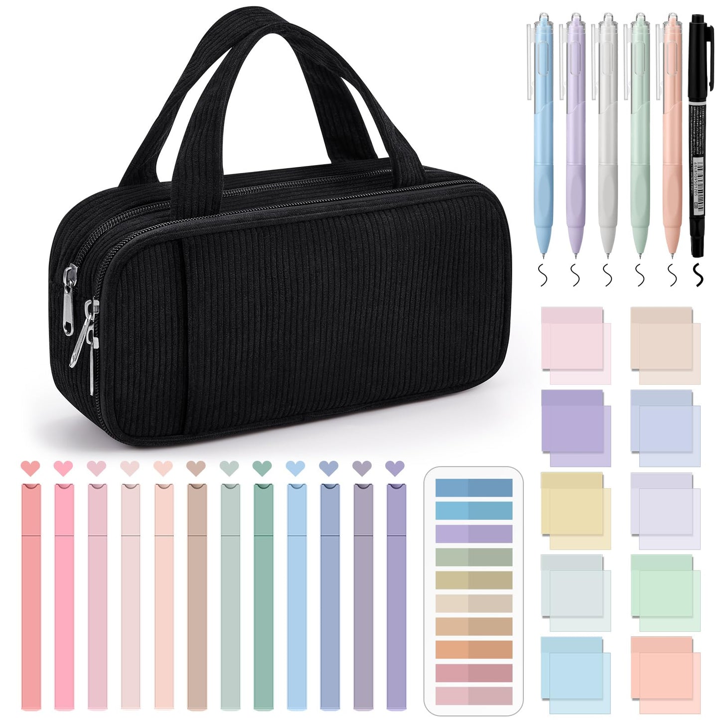Jutom 39 Pcs Aesthetic Book Annotation Kit Highlighter with Pencil Case Bag Gel Pen Transparent Sticky Note Taking Bible Study College School Supplies(Black,Classic Style)