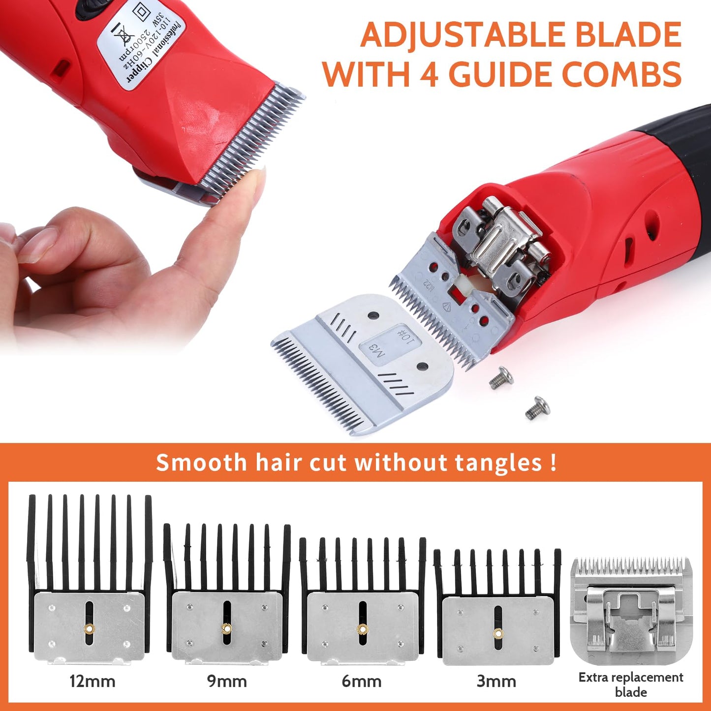 DUCKBOY 35W Pet Hair Clipper & Grooming Kit for Dogs and Cats – Includes 4 Interchangeable Blades & 3m Power Cable – Professional Trimmer for Small to Large Pets