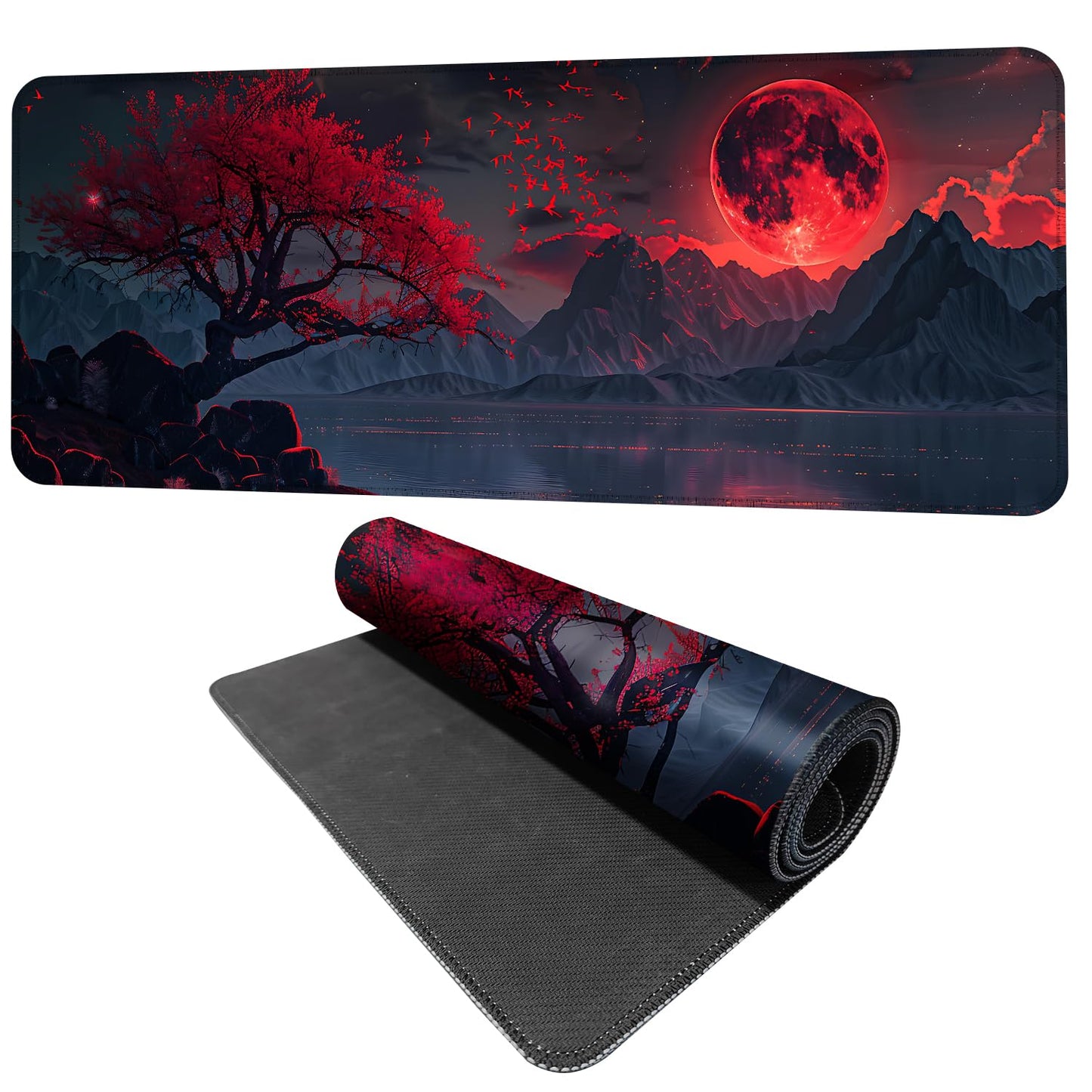 Red Moon Mouse Pad XXL – Large Gaming Desk Mat with Dark Mountain Landscape & Sakura Tree, Extended Mousepad with Non-Slip Base for Office, Gamer Setup,31.5 x 11.8 in