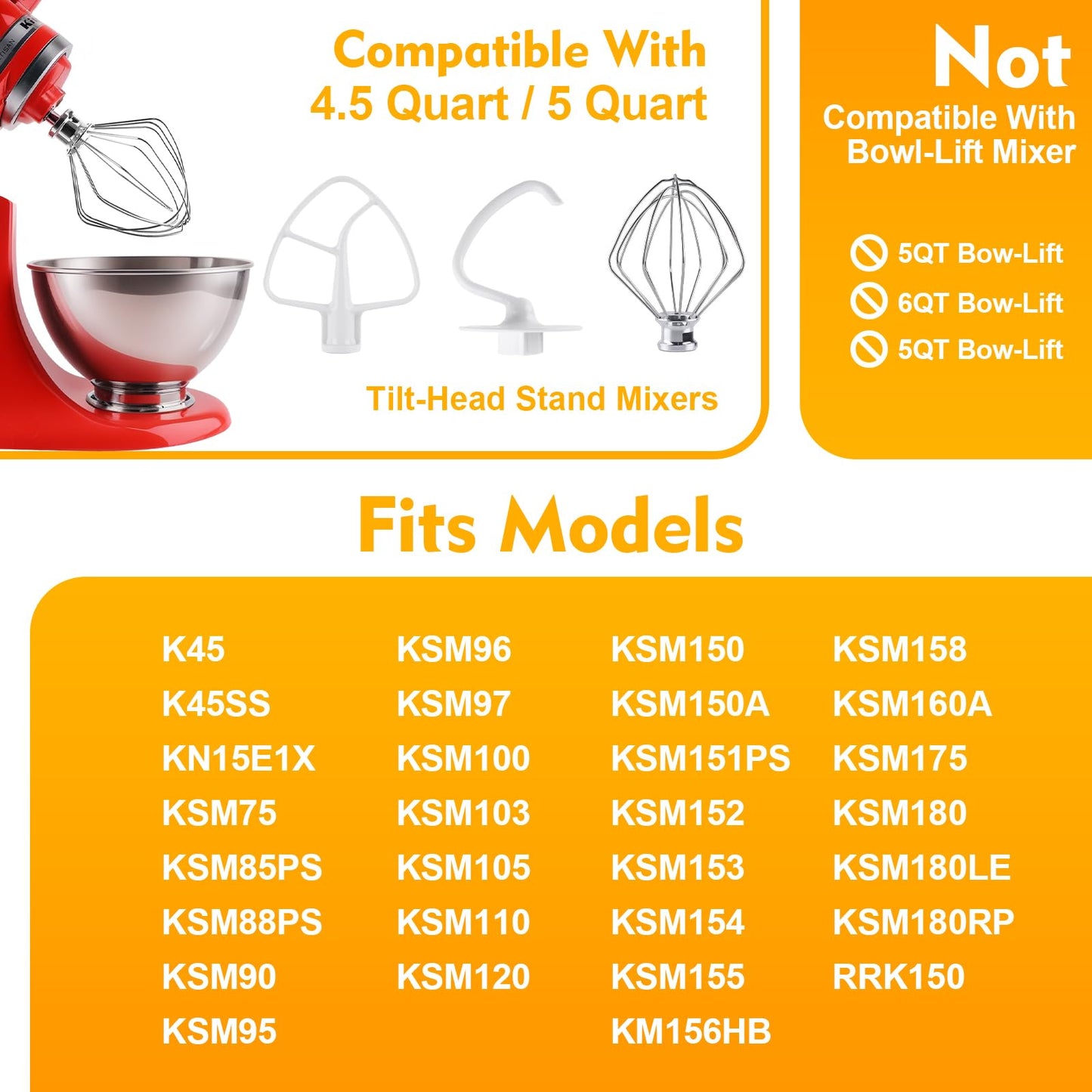 3-Piece Kit Attachments for KitchenAid Tilt-Head Stand Mixer, Accessories Stainless Steel K45WW Wire Whip, K45DH Dough Hook and K45B Coated Flat Blade Paddle with Scraper