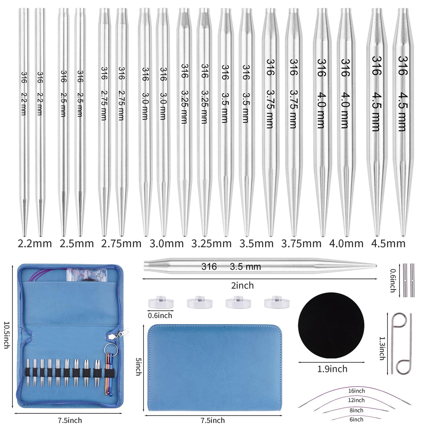 WAZAIGUR Short Interchangeable Circular Knitting Needles Set, 2-Inch Lace Circular Knitting Needles Set, Small Sizes 2.2mm, 2.5mm, 2.75mm, 3.0mm, 3.25mm, 3.5mm, 3.75mm, 4.0mm, 4.5mm, 4 Cables, 9 Pairs