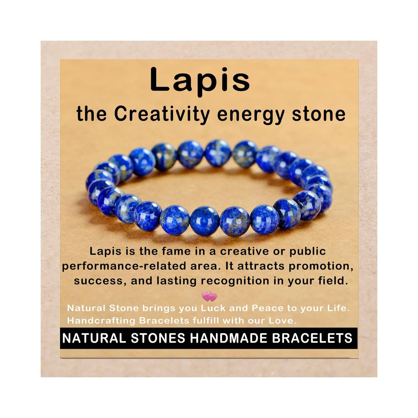 AD Beads Handmade Gemstone Stretch Elastic Bracelet Crystal Healing Reiki Nature's Beauty and Spiritual Essence Unisex (8mm, Lapis Lazuli)