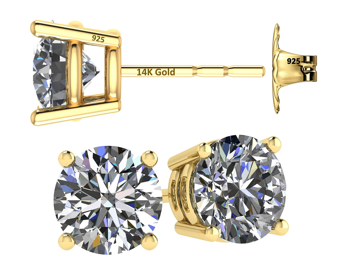 Central Diamond Center Women’s 14k Gold post & Sterling Silver – Yellow, 4 Prong CZ Stud Earrings (10.0mm - 8.00cttw)
