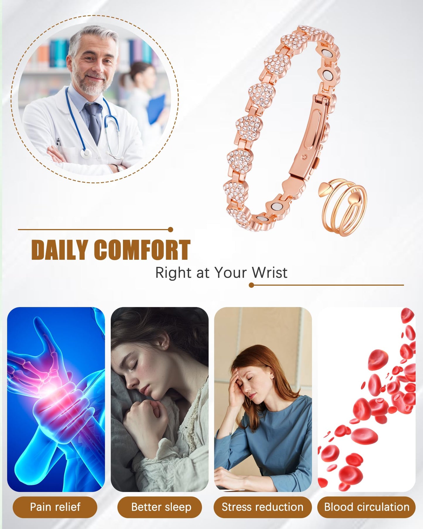 Jeracol Copper Bracelet & Ring for Women, Ultra Strength Magnetic Bracelet with 3800 Gauss Neodymium Magnets, Heart & Crystal Diamonds, Adjustable Tools and Jewelry Gift Box(Rose Gold)