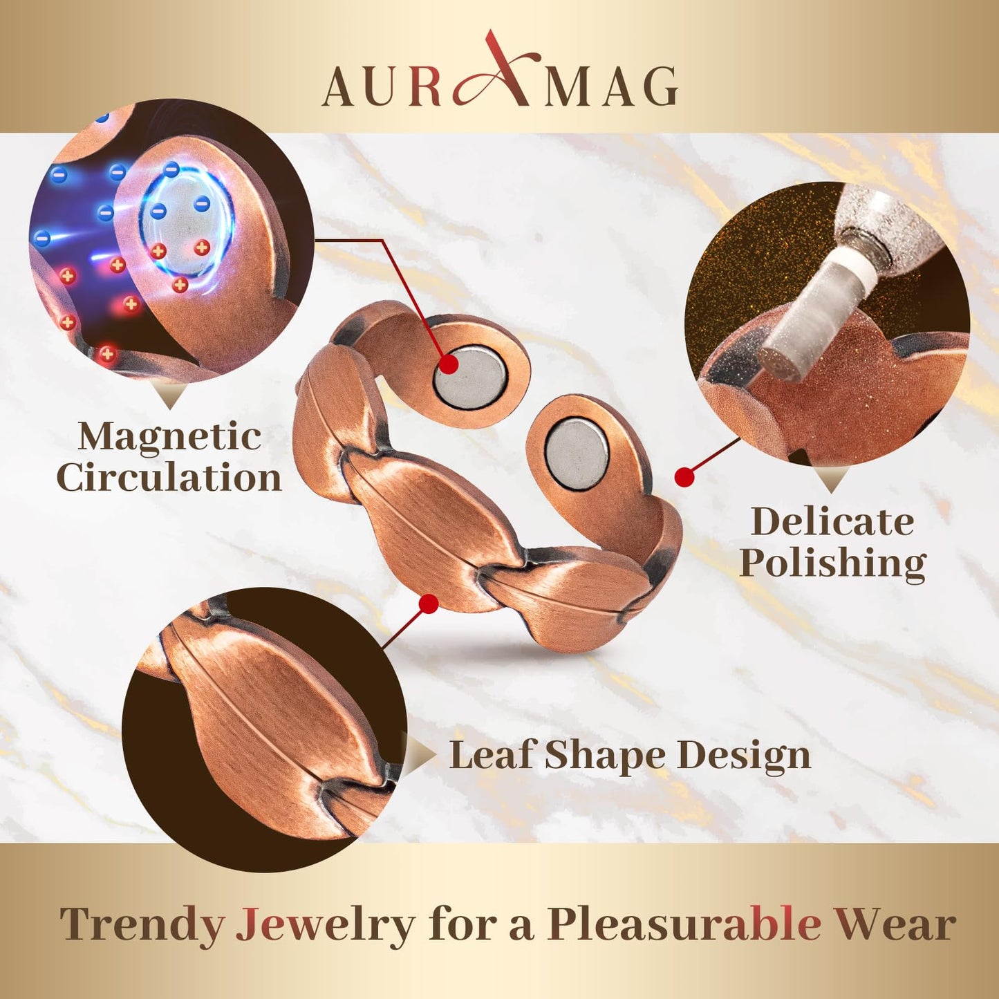 Auramag Copper Rings for Women, Magnetic Thumb Rings with 3500 Gauss Magnets, 100% Pure Copper, Jewelry with Gift Box (2 PCS)