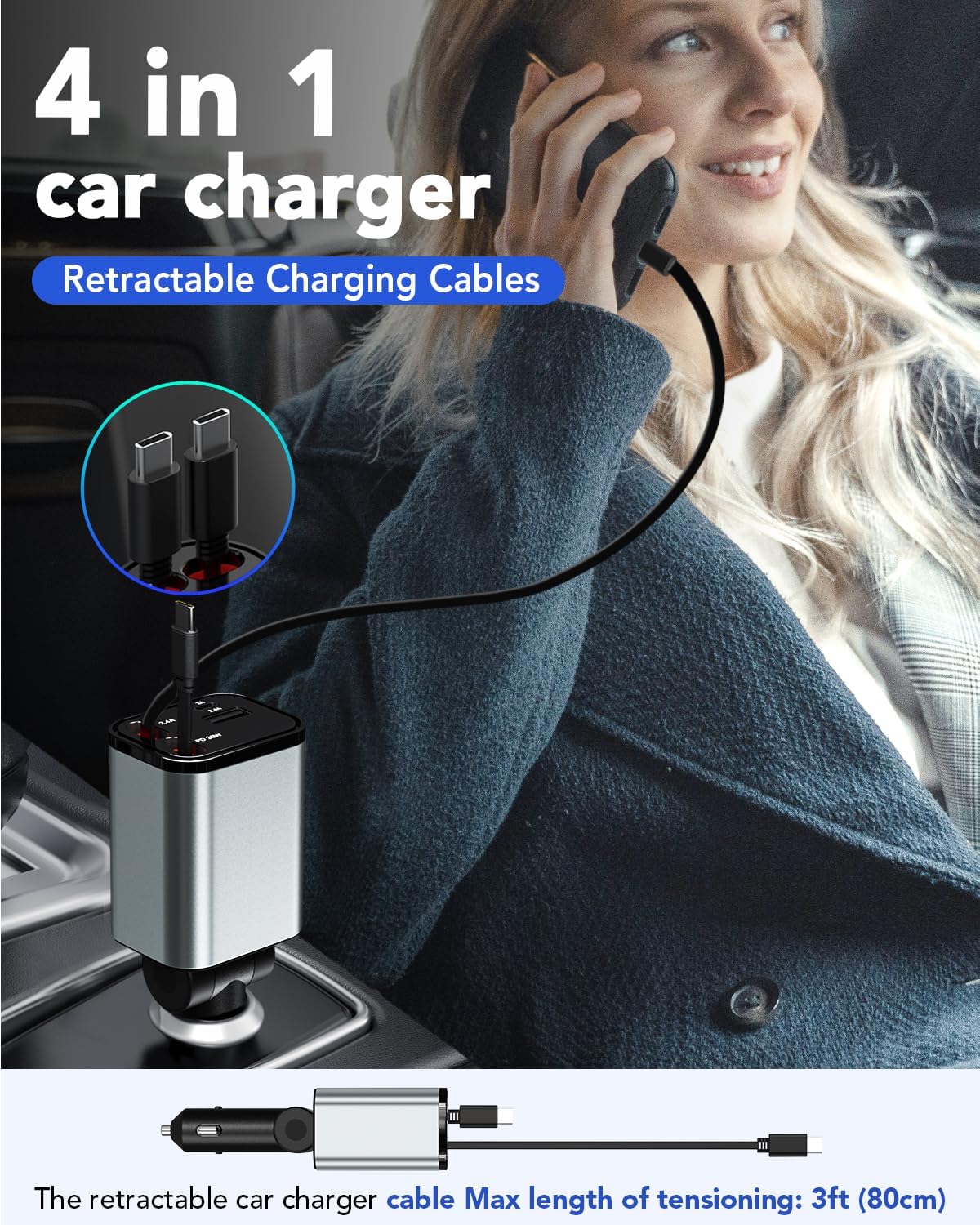 Retractable Car Charger, 4 in 1 Fast Car Phone Charger 66W, 2 Retractable Cables and 2 USB Port, Compatible with iPhone 16/15/14/13/12/11,Galaxy,Pixel