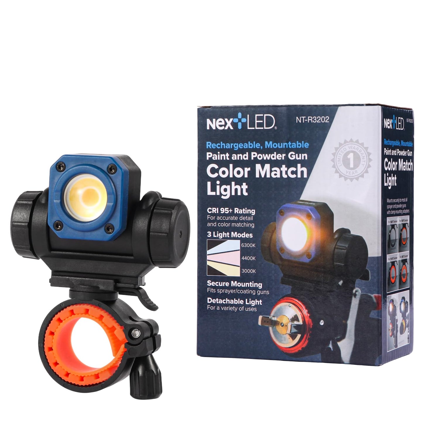 NextLED NT-R3202 Rechargeable Paint Spray Gun Light, CRI 95+ Color Match with 3 Lighting Modes (3000K/4400K/6300K), 450 LM, Mountable & Detachable, Wide Beam, Universal Auto Paint Gun Light Bracket