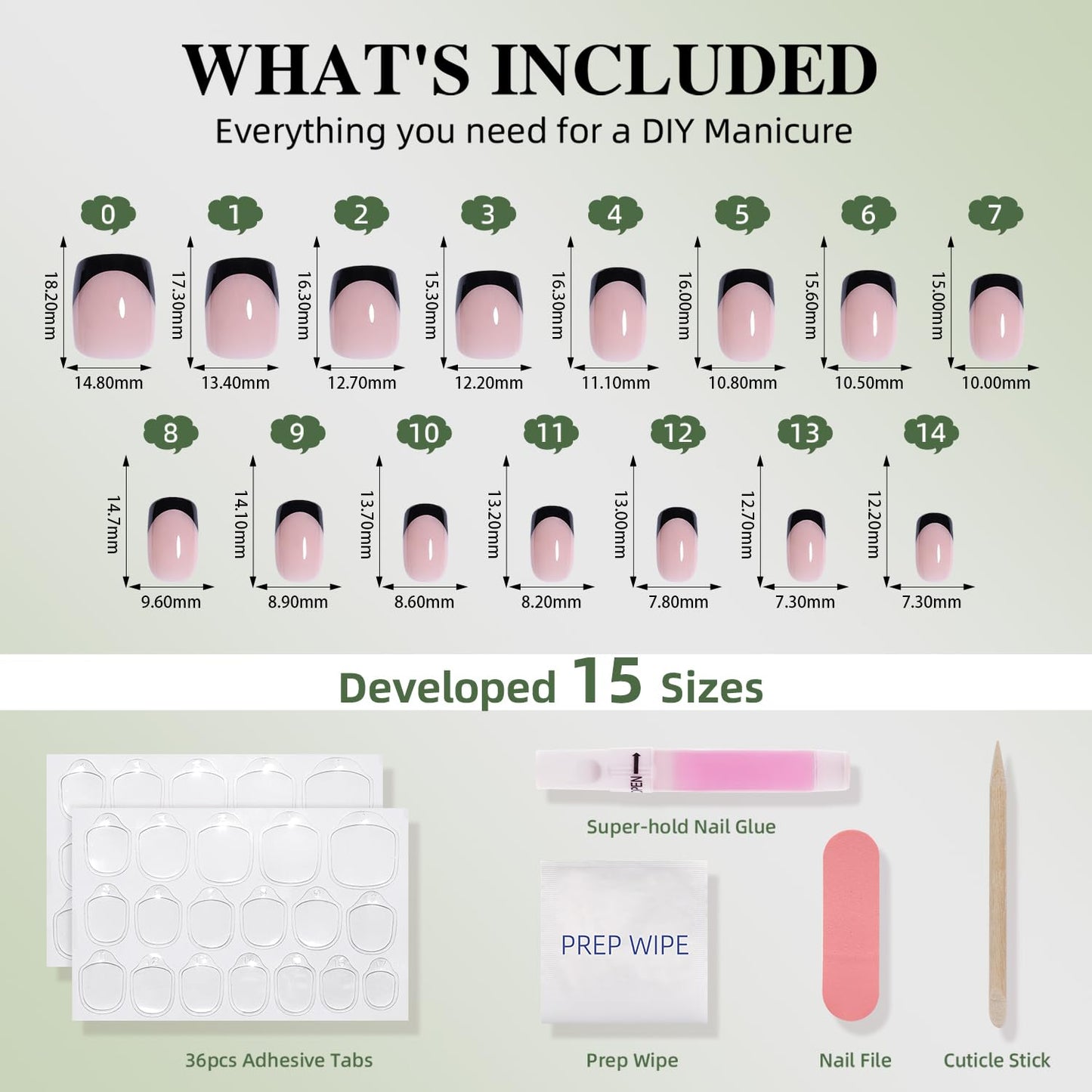 Black French Tip Press On Nails - Black Short Square Fake Nails, French Tip Press On Nails Reusable Stick On Nails in 15 Sizes, 30pcs False Nail Kit for Women & Girls(Bare Eclipse)