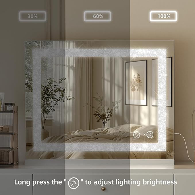 Fenair Vanity Mirror with Lights and Bluetooth Speaker 22.8* 18.1’ Hollywood Mirror with Crystal Light Strip Makeup Mirror, 3 Color LED Mirror USB Charging Port, 10X Magnification, Smart Touch, White
