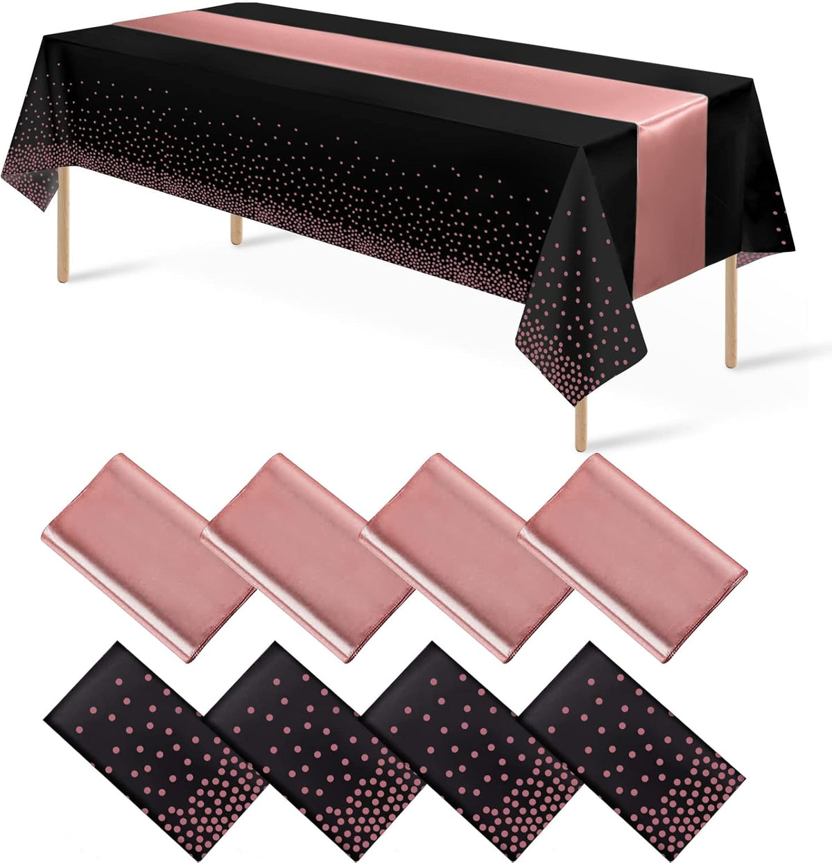 8Pack Disposable Plastic Tablecloths and Satin Table Runner Set Black and Rose Gold Dot Tablecloth Gold Satin Table Runner for Wedding Birthday Baby Shower Anniversary Christmas New Year Party Supply