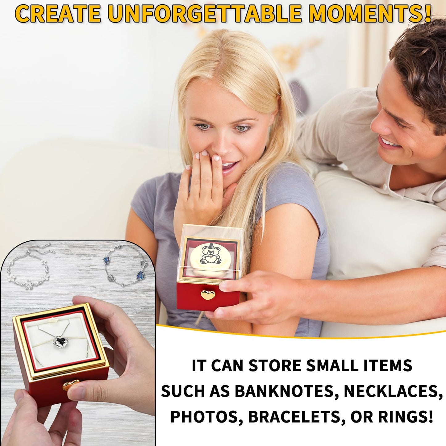 NUOGAO Rotating jewelry box, pop-up surprise gift box, romantic birthday surprise rotating necklace and ring box, Valentine's Day, birthday, anniversary, wedding gift (Red)