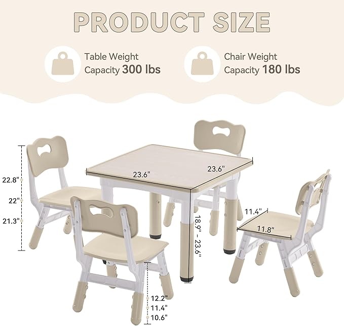 Kids Study Table and Chairs Set, Height Adjustable Toddler Table and Chair Set for Kids Ages 3-8, 23.6" L x 23.6" W Graffiti Desktop Plastic Children Art Table with 4 Seats, Burlywood