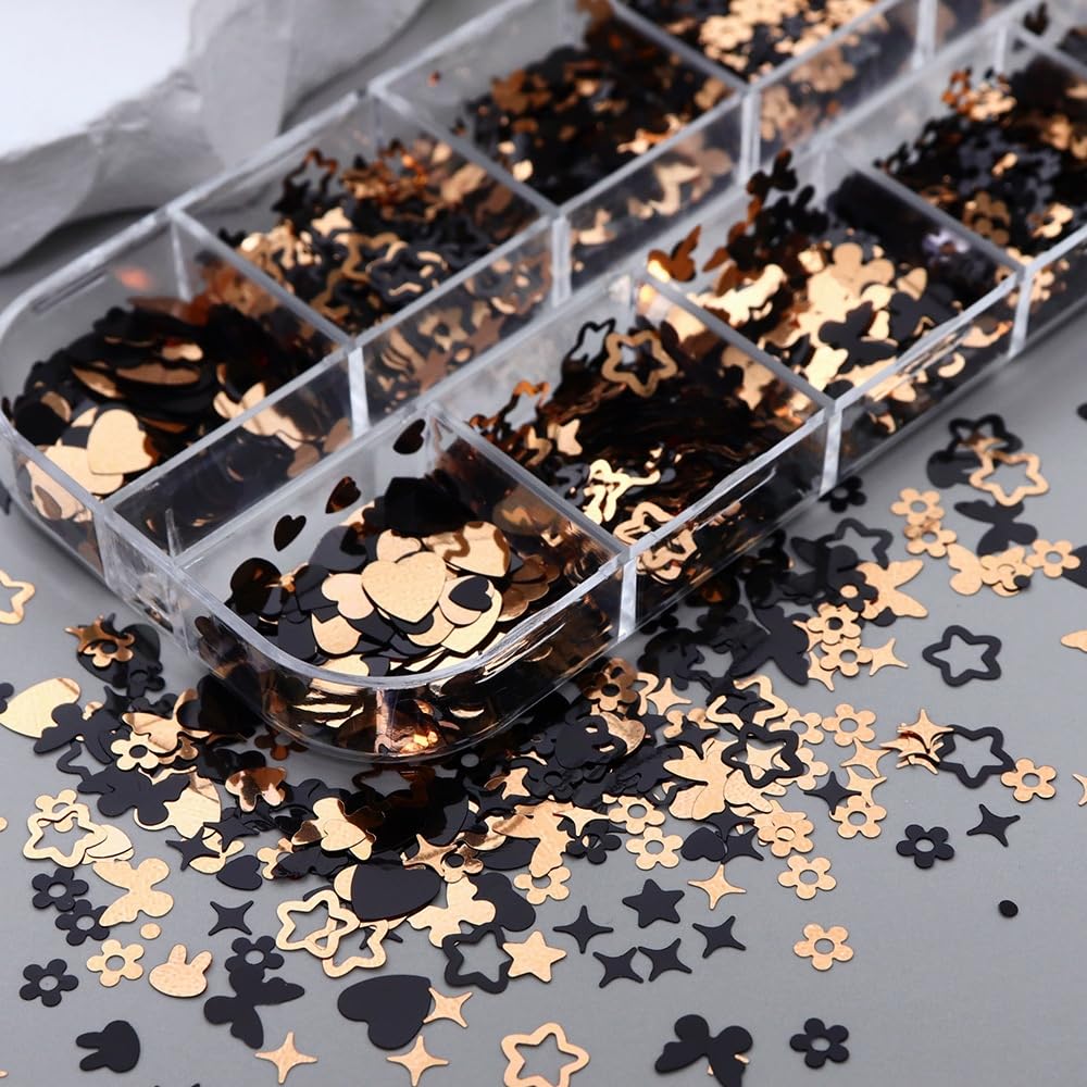 Black Gold Nail Glitter Cute Butterfly Nail Sequins 3D Hearts Nail Flakes Sparkling Flower Glitter Flakes Mixed Shape Star Nail Art Glitter Shiny Nail Sequins Glitter for Nails Art 1 Box 12Grids