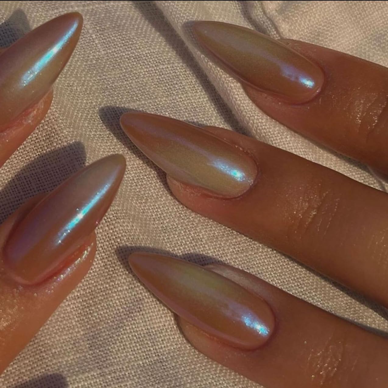 Rainbow Chrome Press on Nails Medium Almond, KQueenest Aurora Stiletto Fake Acrylic Nails with Bling Design, Cute Green Glue on Nails for Daily Party Wear, False Nails Press ons in24 PCS