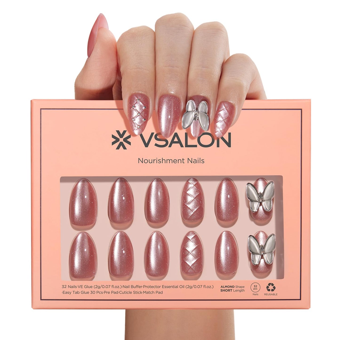 Press on Nails - Short Almond Pink Cat Eye Butterfly Nails & Blue Cat Eye - 2 Reusable Nails Kit (Nourishment Nails & Mini Pack) - 16 Sizes