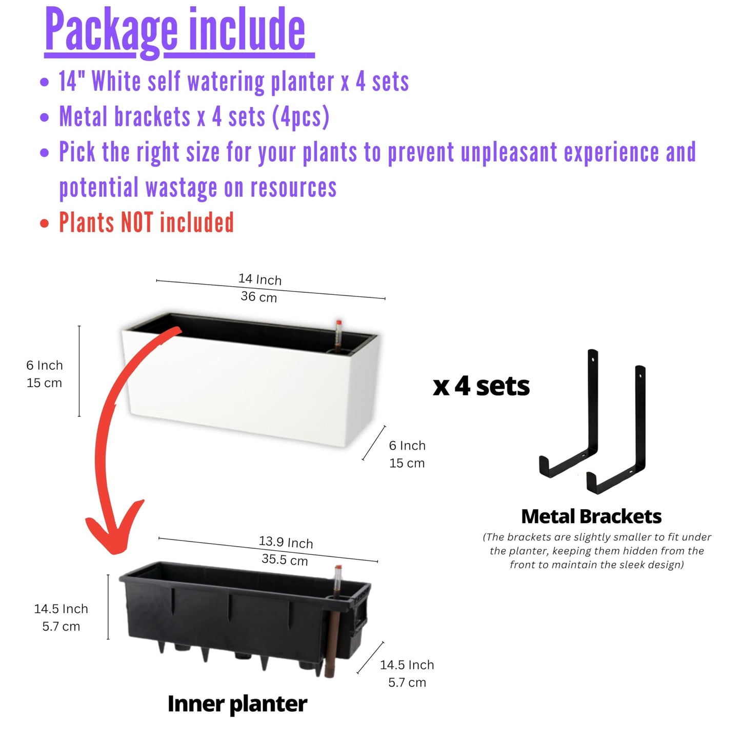LaLaGreen Outdoor Wall Planters (14 Inch, 4 Pack) White Self-Watering Wall Mounted Flower Boxes, Rectangular Window Box Hanging Planters Plastic Containers Pot Indoor Herbs Modern Home Garden Decor