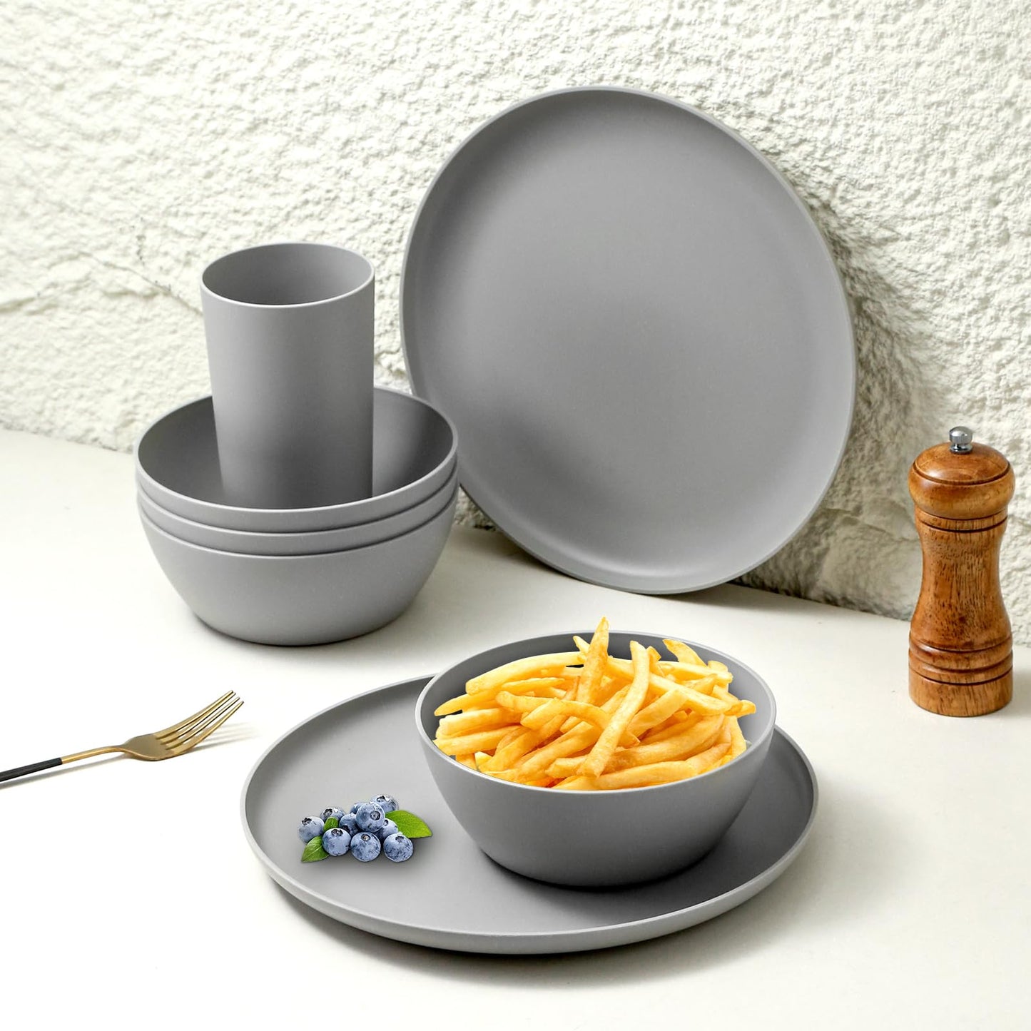 YARRGGU 24-Piece Dinnerware Set, Service for 8, Unbreakable Plates and Bowls Set, BPA-Free, Dishwasher Safe, Gray Tableware for Kitchen, Party and Picnic