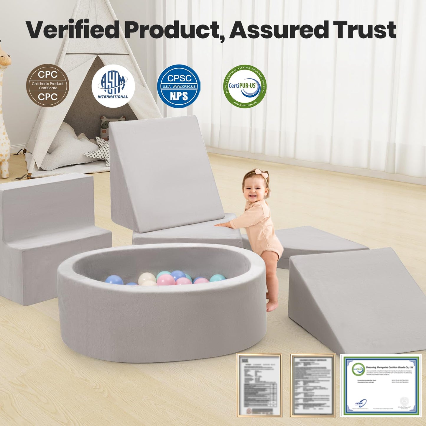 Rinnebbit 7-Piece Foam Climbing Blocks for Toddlers, Baby Climb and Crawl Soft Play Set with Ball Pit, Machine Washable Cover, Indoor Activity Play Structure, Climbing Toys for Toddlers 1-3 (Gray)