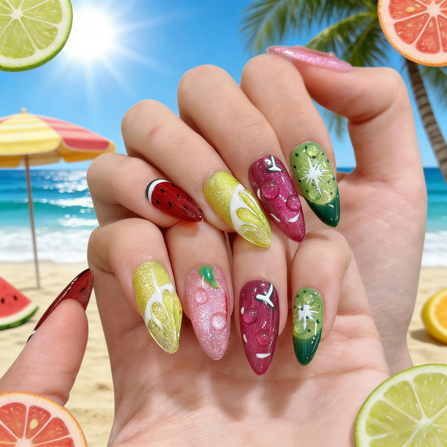 Tesytto Cat Eye Press on Nails Medium Almond - Fruit Design with Hand-painted Watermelon & Lemon, 3D Water Drop Cute Edgy Style, Thick Acrylic Multi-Layer Gel False Nails for Summer (Fruit Party, M)
