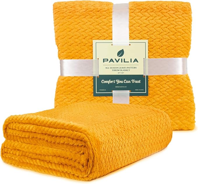 PAVILIA Soft Fleece Yellow Throw Blanket for Couch, Lightweight Plush Warm Blankets for Bed, Fuzzy Cozy Flannel Blanket Throw for Sofa, Travel, Jacquard Pattern, Mustard Yellow, Twin, 60x80 inch