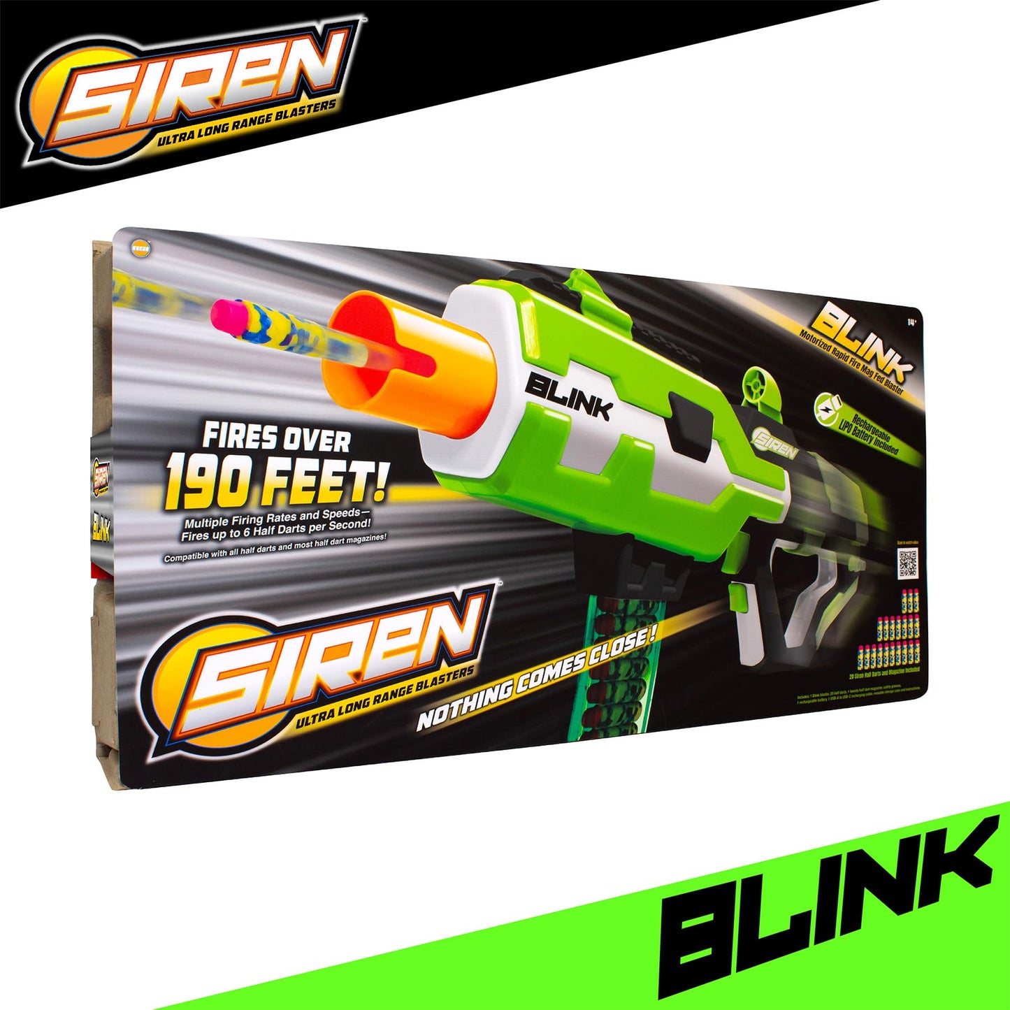 Siren Blasters Blink Motorized Rapid-Fire Ultra Long Range Foam Dart Blaster, Single Shot, Burst or Fully Auto Flywheel Launcher,190 Ft Range, 200 FPS, 20-Dart Mag, Rechargeable LiPo Battery, Ages 14+