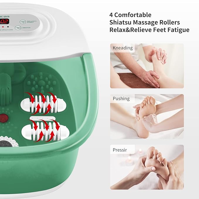 Niksa Foot Spa Bath Massager with Heat, Bubbles, Vibration and Red Light,4 Massage Roller Pedicure Foot Spa Tub for Feet Stress Relief,Foot Soaker with Mini Acupressure Massage Points Green