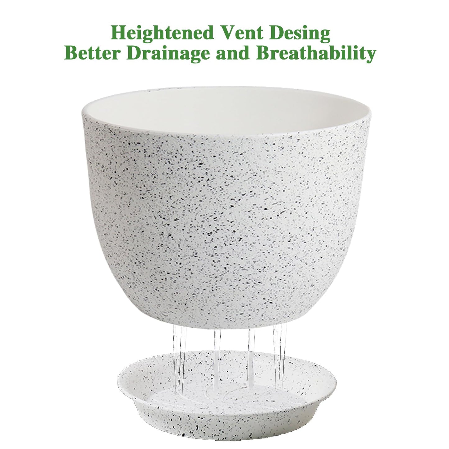 UOUZ 12/10/9 Large Modern Plant Pots, Plastic Planters with Drainage Holes and Saucers for Indoor Outdoor Plants Flowers, White Speckles