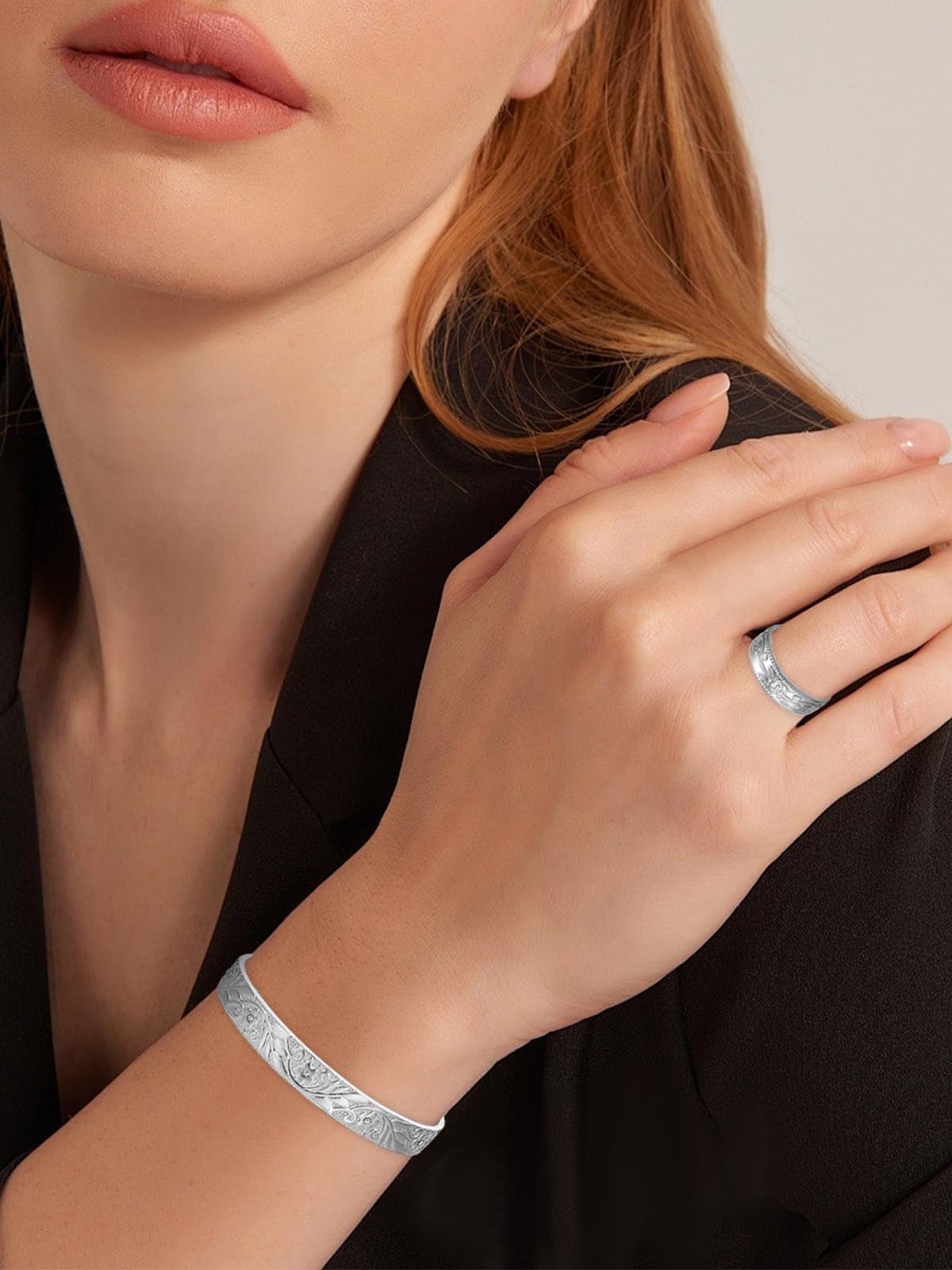 BioMag Lymphatic Drainage Ring & Copper Bracelet, 99.99% Pure Copper Magnetic Bracelet & Ring with Built-in 3500 Gauss Magnets, Adjustable Size,Floral Branch and Leaf Pattern