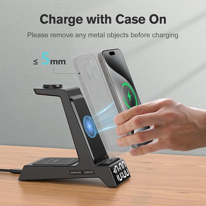 ANJANK 4 in 1 Wireless Charging Station Alarm Clock, Charging Dock for Apple Devices, Charger Stand for iPhone 17 Air 16 15 14 13 12 Series for Apple Watch 11 10 9 8 7 6 5 UItra/SE & AirPods, Dimmable