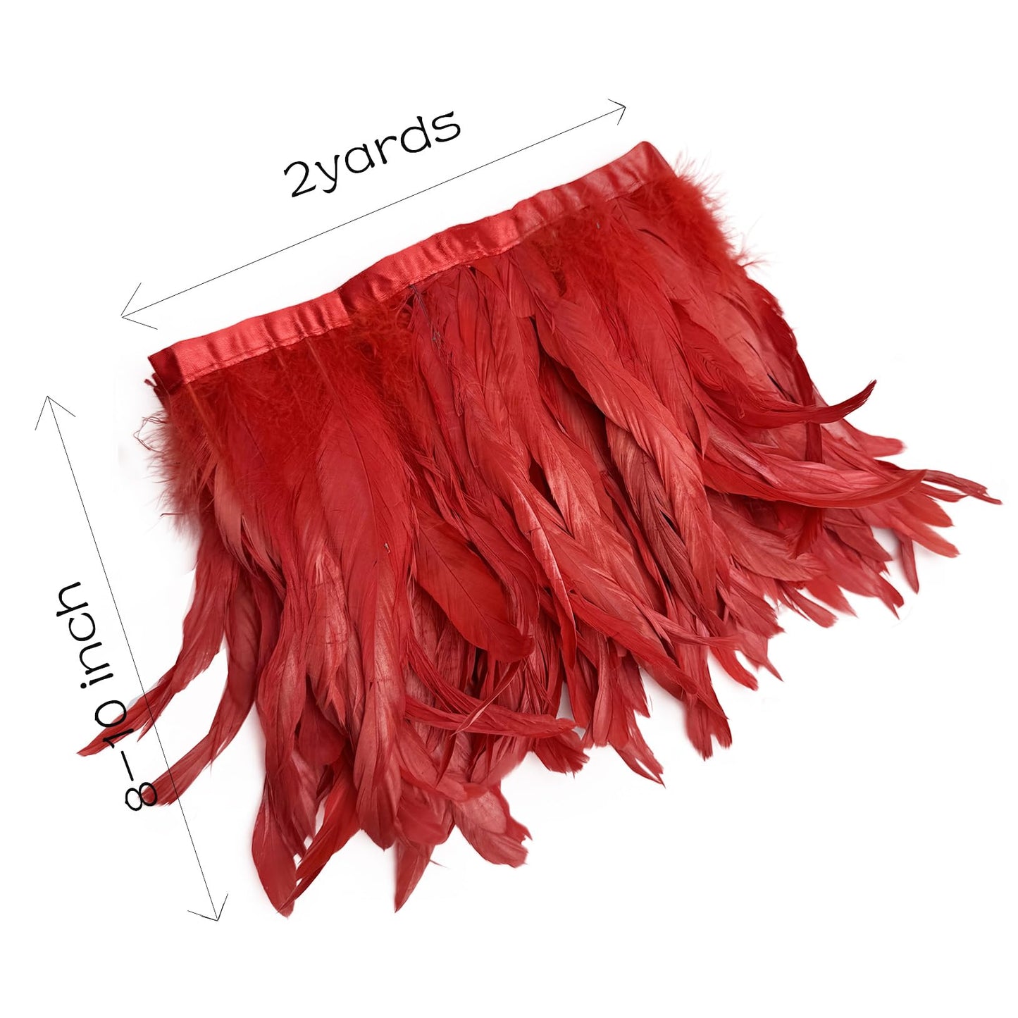 2 Yards 8-10" Rooster Hackle Feather Fringe Trim, Sewing Craft Feather for DIY Decorations-Red