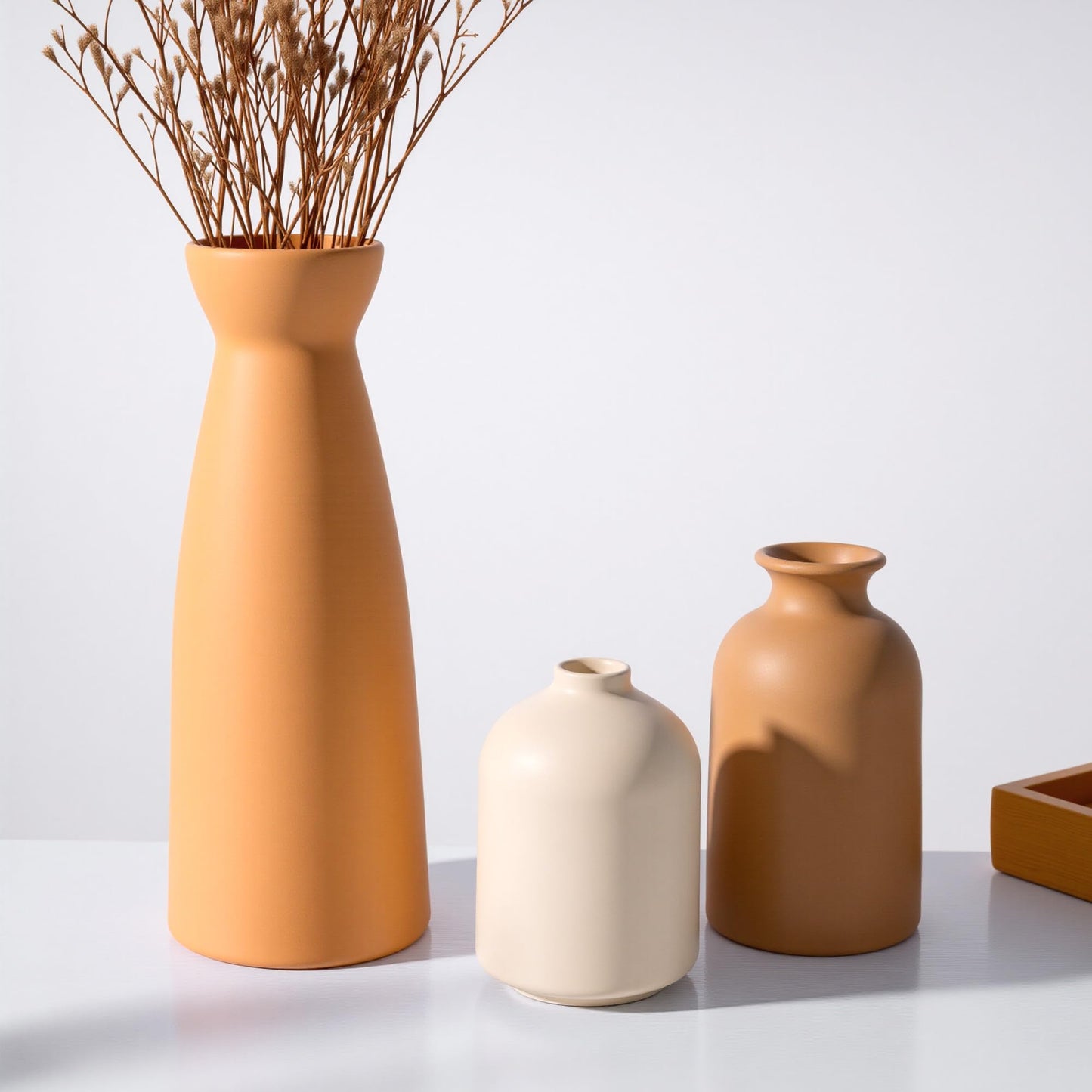 OUWEDW Ceramic Small Vase Set of 3,Modern Boho Farmhouse Home Decor,Pampas Grass Vase,Minimalist Decor,for Entryway Table,Bookshelf,Living Room, Bedroom,Kitchen,Coffee Table Decoration