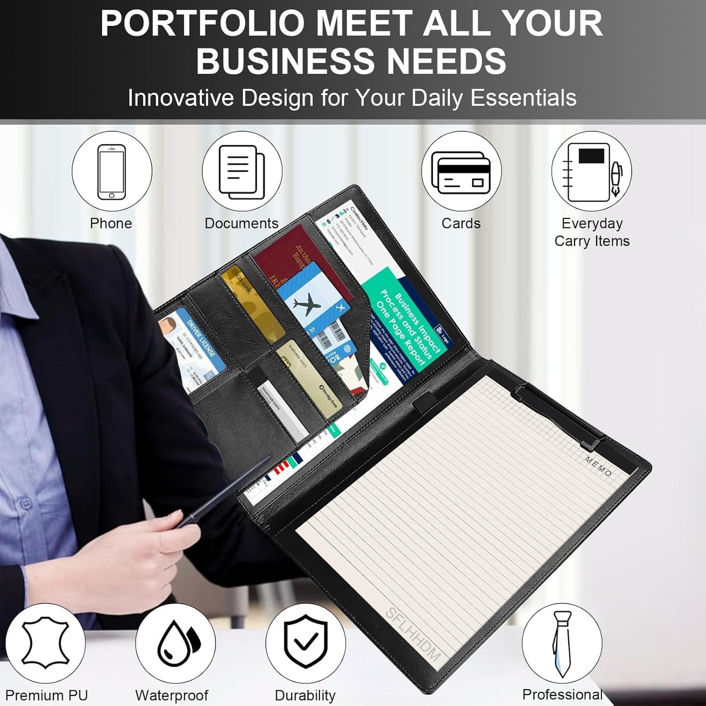 Portfolio Folder Padfolio with A4 Clipboard, Professional PU Leather Folder Binder with Clipboard Folio, Letter Size, Clip Board Organizer for Legal Documents, Business Card Resume Folder, Men Women
