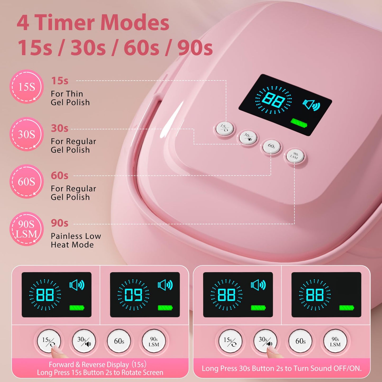 Purtato 126W Cordless Rechargeable UV LED Nail Lamp with Large Space, Handle and Foot Rest, Fast Curing Gel Nail Dryer with 4 Timers for Salon and Home (Pink)