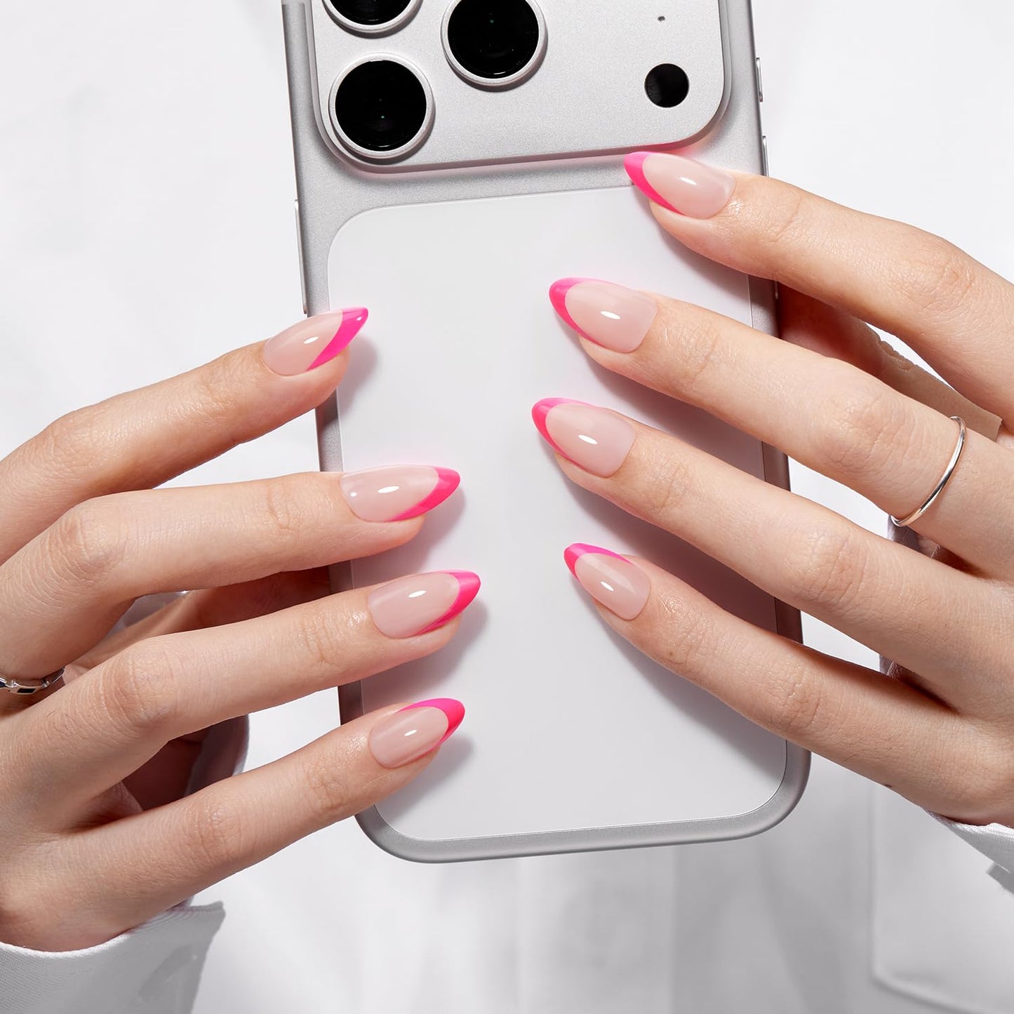 VSALON Press on Nails Short Almond - Deep Blue Cat Eye & Hot Pink French Tip