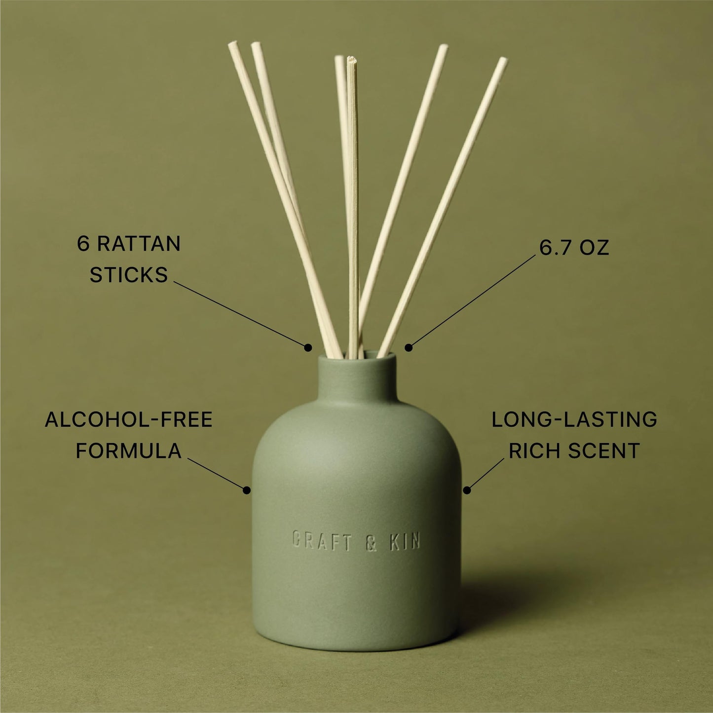 Craft & Kin Reed Diffuser for Home & Bathroom – White Birch & Cedar Holiday Reed Diffuser Set with Fragrance Sticks, Long-Lasting Alcohol-Free Winter Scent, Earthenware Collection, 6.7oz