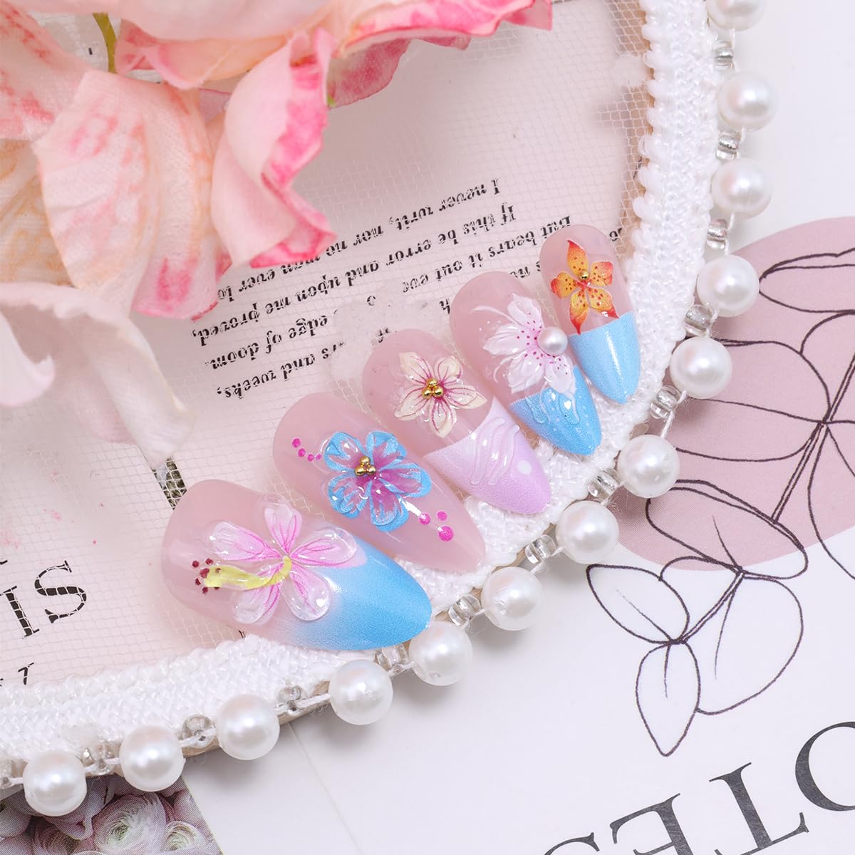 24Pcs 3D Flower Press on Nails Medium Almond French Tip Fake Nails Tropical Floral False Nails with Rhinestones Pink Blue Gradient Acrylic Nails Reusable Full Cover Stick on Nails for Women Manicure