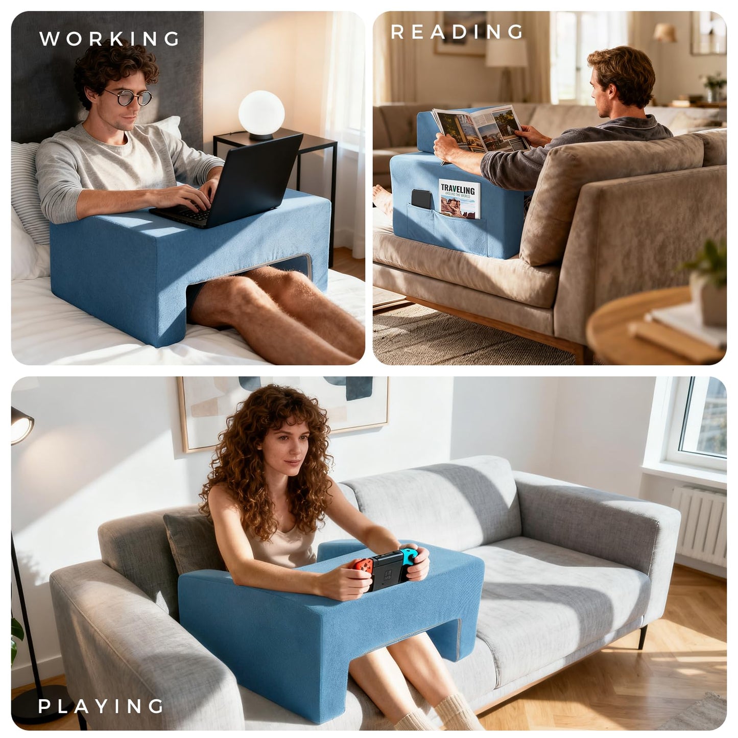 VERASCOT Reading Pillow for Gaming Lap Desk Pillow for Laptop with Pocket Foldable Memory Foam Bed Desk for Reading Working Crocheting Gaming Arm Rest on Bed/Sofa/Floor/Couch/Car (Blue Foldable)