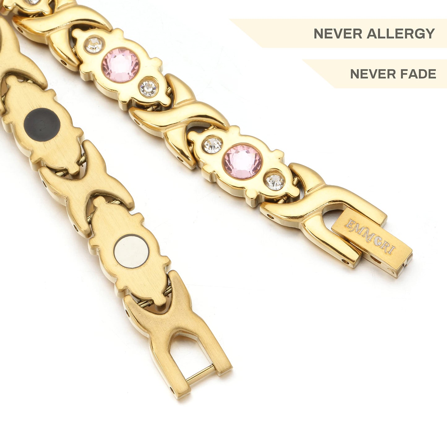 EMMORI Ultra Strength Magnetic Bracelet for Woman - 3,500 Gauss Per Magnet -Crystal Bracelet - Adjustable Length -Pulseras Magneticas (Gold)