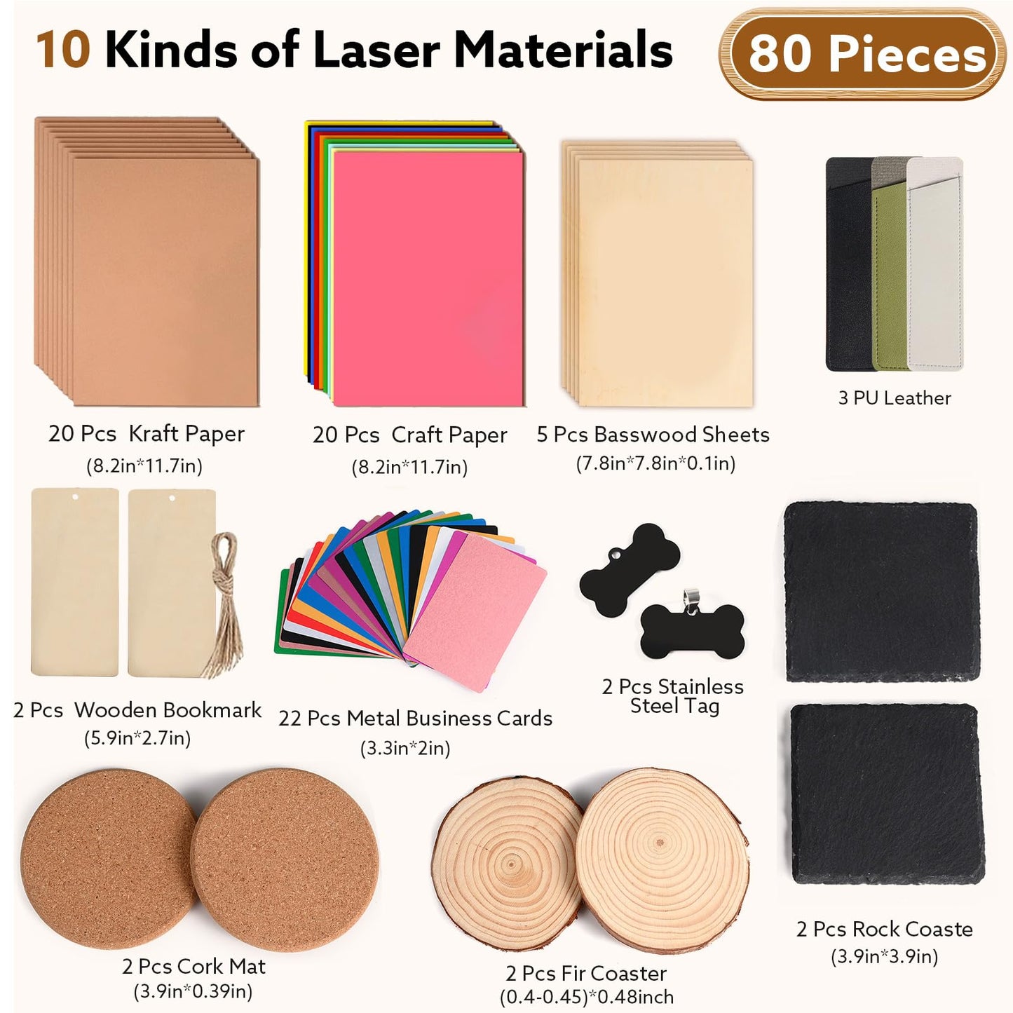MiniStarCut 80 PCS Laser Materials Exploration Kit, DIY Laser Engraving Supplies Including Metal, Wood, PU Leather, Paper, Rock